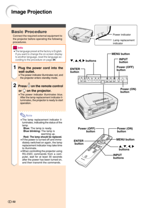 Page 34Image Projection
Basic Procedure
Connect the required external equipment to
the projector before operating the following
procedures.
Info
•The language preset at the factory is English.
If you want to change the on-screen display
to another language, reset the language ac-
cording to the procedure on page 
34.
1Plug the power cord into the
wall outlet.
•The power indicator illuminates red, and
the projector enters standby mode.
2Press  on the remote control
or 
 on the projector.
•The power indicator...