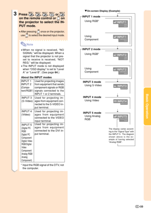 Page 35Basic Operation
-33
3Press , , ,  or 
on the remote control or  on
the projector to select the IN-
PUT mode.
•After pressing  once on the projector,
use 
 to select the desired input mode.
Note
•When no signal is received, “NO
SIGNAL” will be displayed. When a
signal that the projector is not pre-
set to receive is received, “NOT
REG.” will be displayed.
•The INPUT mode is not displayed
when “OSD display” is set to “Level
A” or “Level B”. (See page 64.)
About the INPUT modes
"On-screen Display...