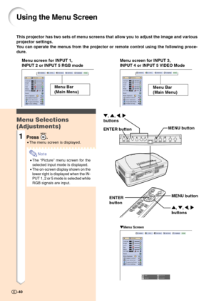 Page 42This projector has two sets of menu screens that allow you to adjust the image and various
projector settings.
You can operate the menus from the projector or remote control using the following proce-
dure.
Using the Menu Screen
Menu screen for INPUT 1,
INPUT 2 or INPUT 5 RGB modeMenu screen for INPUT 3,
INPUT 4 or INPUT 5 VIDEO Mode
Menu Bar
(Main Menu)
" "" "
"Menu Screen
Menu Selections
(Adjustments)
1Press .
•The menu screen is displayed.
Note
•The “Picture” menu screen for the...