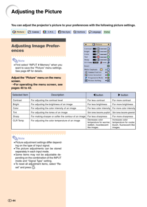 Page 46Adjusting the Picture
You can adjust the projector’s picture to your preferences with the following picture settings.
Adjusting Image Prefer-
ences
Note
•First select “INPUT # Memory” when you
want to save the “Picture” menu settings.
See page 47 for details.
Adjust the “Picture” menu on the menu
screen.
➝For operating the menu screen, see
pages 40 to 43.
Note
•Picture adjustment settings differ depend-
ing on the type of input signal.
•The picture adjustments can be stored
separately in each input...