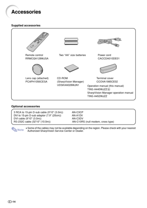 Page 16-14
Accessories
Remote control
RRMCGA128WJSATw o  “AA” size batteries
Power cord
CACCDA010DE01
3 RCA to 15-pin D-sub cable (910 (3.0m)) AN-C3CP
DVI to 15-pin D-sub adaptor (7.9 (20cm)) AN-A1DV
DVI cable (910 (3.0m)) AN-C3DV
RS-232C cable (3210 (10.0m)) AN-C10RS (null modem, cross type)
Note•Some of the cables may not be available depending on the region. Please check with your nearest
Authorized SharpVision Service Center or Dealer.Operation manual (this manual)
TINS-A440WJZZA
SharpVision Manager...