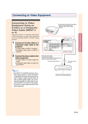 Page 18Connections and Setup
-17
Connecting to Video Equipment
S-video cable (commercially available)
*Use when connecting to video
equipment with S-video output
terminal.Connecting to Video
Equipment Using an
S-video or a Composite
Video Cable (INPUT 3
or 4)
Using an S-video or a composite video cable,
a VCR, DVD player or other video equipment
can be connected to INPUT 3 or INPUT 4 input
terminal.
1Connect an S-video cable or a
composite video cable to the
projector.
•S-video cable: to INPUT 3 terminal...