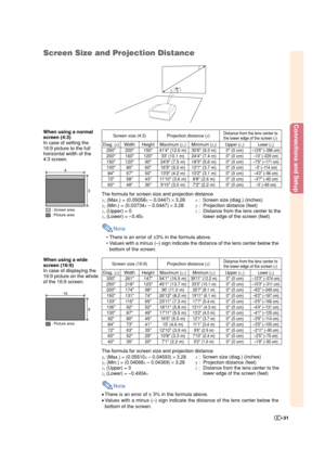 Page 32Connections and Setup
-31
Screen Size and Projection Distance
When using a wide
screen (16:9)
In case of displaying the
16:9 picture on the whole
of the 16:9 screen.y
1 (Max.) = (0.05058x – 0.0447) × 3.28
y
2 (Min.) = (0.03734x – 0.0447) × 3.28
z
1 (Upper) = 0
z
2 (Lower) = –0.45x
Diag. (x)
300
250
200
150
133
106
100
92
84
72
60
40Width
261
218
174
131
116
92
87
80
73
63
52
35Height
147
123
98
74
65
52
49
45
41
35
29
20Maximum (y1)
541 (16.5 m)
451 (13.7 m)
36 (11.0 m)
2612 (8.2 m)
2311 (7.3 m)
1811...