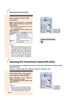 Page 73Selecting the Economy Mode
Selecting the Transmission Speed (RS-232C)
This menu allows you to adjust the transmission speed of the RS-232C connection by select-
ing the baud rate.
-72
Selecting the Transmis-
sion Speed (RS-232C)
Select “RS-232C” in the “Options”
menu on the menu screen.
➝For operating the menu screen, see
pages 42 to 45.
Note
•Make sure that both the projector and com-
puter are set for the same baud rate. Refer to
the computer’s operation manual for instruc-
tions for setting the...