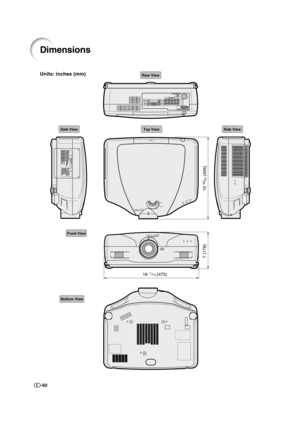 Page 93-92
Dimensions
18 11/16 (475)
7 (178)
15 
49/50 (406)
Side ViewSide ViewTop View
Rear View
Front View
Bottom View
Units: inches (mm)
XV_Z12000_E_US_p89_96.p6503.9.24, 2:10 PM 92 