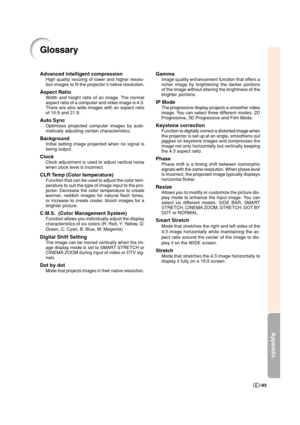 Page 94Appendix
-93
Glossary
Advanced intelligent compression
High quality resizing of lower and higher resolu-
tion images to fit the projector’s native resolution.
Aspect Ratio
Width and height ratio of an image. The normal
aspect ratio of a computer and video image is 4:3.
There are also wide images with an aspect ratio
of 16:9 and 21:9.
Auto Sync
Optimizes projected computer images by auto-
matically adjusting certain characteristics.
Background
Initial setting image projected when no signal is
being...