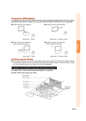 Page 19Setup
-17
Projection (PRJ) Mode
The projector can use any of the 4 projection modes, shown in the diagram below. Select the mode most ap-
propriate for the projection setting in use. (You can set the PRJ Mode in “SCR-ADJ” menu. See page 45.)
  Table mounted, front projection  Ceiling mounted, front projection
   Menu item  “Front”
  Table mounted, rear projection
  (with a translucent screen)
   Menu item  “Rear”   Menu item  “Ceiling + Front”
  Ceiling mounted, rear projection
  (with a...