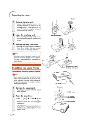 Page 59-58
4Remove the lamp unit.
•Loosen the two securing screws from
the lamp unit. Hold the lamp unit by the
handle and pull it in the direction of the
arrow. At this time, keep the lamp unit
horizontal and do not tilt it.
5Insert the new lamp unit.
•Press the lamp unit firmly into the lamp
unit compartment. Fasten the securing
screws.
6Replace the lamp unit cover.
•Align the lamp unit cover and slide it to
close. Then tighten the user service
screw to secure the lamp unit cover.
Info
• If the lamp unit and...