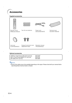 Page 13-12
Accessories
Power cord
QACCDA007WJPZ Remote control
RRMCGA218WJSATwo AA size batteriesTerminal cover
GCOVAA116WJKB
Operation manual
TINS-B005WJZZ Lens cap
CCAPHA004WJ01
Screws for terminal cover
XBBSN40P10000
Supplied accessories
3 RCA to 15-pin D-sub cable (910 (3.0 m)) AN-C3CP
DVI to 15-pin D-sub adaptor (7.9 (20 cm)) AN-A1DV
DVI cable (910 (3.0 m)) AN-C3DV
Note
•Some of the cables may not be available depending on the region. Please check with your nearest Autho-
rized SharpVision Service Center...