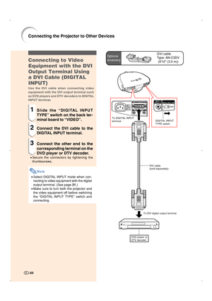 Page 21-20
Optional
accessoryDVI cable
Type:
 AN-C3DV
(910 (3.0 m))
To DIGITAL INPUT 
terminalDIGITAL INPUT 
TYPE switch
DVD player or
DTV decoder
To DVI digital output terminalDVI cable
(sold separately)
-20
Connecting to Video
Equipment with the DVI
Output Terminal Using
a DVI Cable (DIGITAL
INPUT)
Use the DVI cable when connecting video
equipment with the DVI output terminal such
as DVD players and DTV decoders to DIGITAL
INPUT terminal.
1Slide the “DIGITAL INPUT
TYPE” switch on the back ter-
minal board to...