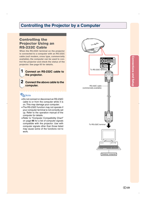Page 24Connections and Setup
-23
Controlling the
Projector Using an
RS-232C Cable
When the RS-232C terminal on the projector
is connected to a computer with an RS-232C
cable (null modem, cross type, commercially
available), the computer can be used to con-
trol the projector and check the status of the
projector. See page 65 for details.
1Connect an RS-232C cable to
the projector.
2Connect the above cable to the
computer.
Note
•Do not connect or disconnect an RS-232C
cable to or from the computer while it is...
