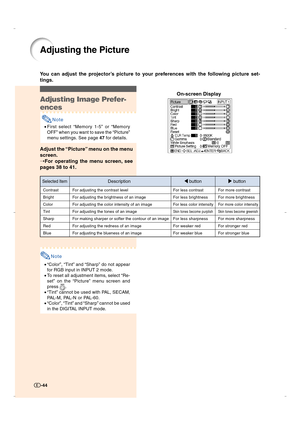 Page 45-44
You can adjust the projector’s picture to your preferences with the following picture set-
tings.
Adjusting the Picture
Adjusting Image Prefer-
ences
Note
•First select “Memory 1-5” or “Memory
OFF” when you want to save the “Picture”
menu settings. See page 47 for details.
Adjust the “Picture” menu on the menu
screen.
➝For operating the menu screen, see
pages 38 to 41.On-screen Display
Note
•“Color”, “Tint” and “Sharp” do not appear
for RGB input in INPUT 2 mode.
•To reset all adjustment items,...