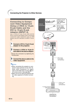 Page 20Connecting to Compo-
nent Video Equipment
Using a 3 RCA to 15-pin
D-sub Cable and the
DVI to 15-pin D-sub
Adaptor (INPUT 2)
Use a 3 RCA to 15-pin D-sub cable and the
DVI to 15-pin D-sub adaptor when connecting
component video equipment such as DVD
players and DTV decoders to INPUT 2 termi-
nal.
1Connect a DVI to 15-pin D-sub
adaptor to the projector.
2Connect a 3 RCA to 15-pin D-
sub cable to the above adaptor.
•Secure the connectors by tightening the
thumbscrews.
3Connect the above cable to the
video...