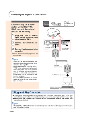 Page 24-22
Connecting to a com-
puter with DIGITAL
RGB output Terminal
(DIGITAL INPUT)
1Slide the “DIGITAL INPUT
TYPE” switch on the back ter-
minal board to “PC”.
2Connect a DVI cable to the pro-
jector.
3Connect the above cable to the
computer.
•Secure the connectors by tightening the
thumbscrews.
Note
•Select DIGITAL INPUT mode when con-
necting to digital output terminal of the
computer. (See page 31.)
•Before switching the “DIGITAL INPUT
TYPE” switch and connecting, be sure to
unplug the power cord of the...