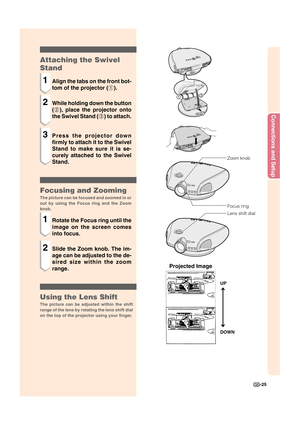 Page 27Connections and Setup
-25
Attaching the Swivel
Stand
1Align the tabs on the front bot-
tom of the projector (1).
2While holding down the button
(2), place the projector onto
the Swivel Stand (3) to attach.
3Press the projector down
firmly to attach it to the Swivel
Stand to make sure it is se-
curely attached to the Swivel
Stand.
Focusing and Zooming
The picture can be focused and zoomed in or
out by using the Focus ring and the Zoom
knob.
1Rotate the Focus ring until the
image on the screen comes
into...
