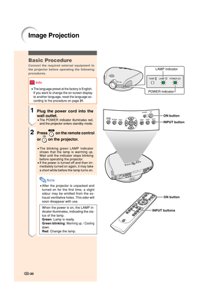 Page 32-30
Image Projection
-30
Basic Procedure
Connect the required external equipment to
the projector before operating the following
procedures.
Info
•The language preset at the factory is English.
If you want to change the on-screen display
to another language, reset the language ac-
cording to the procedure on page 31.
1Plug the power cord into the
wall outlet.
•The POWER indicator illuminates red,
and the projector enters standby mode.
2Press  on the remote control
or 
 on the projector.
•The blinking...