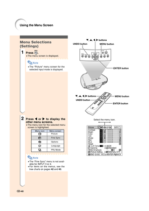 Page 42-40
Using the Menu Screen
Menu Selections
(Settings)
1Press .
•The menu screen is displayed.
Note
•The “Picture” menu screen for the
selected input mode is displayed.
2Press 
\ \\ \
\ or 
| || |
| to display the
other menu screens.
•The menu icon for the selected menu
screen is highlighted.
Note
•The “Fine Sync” menu is not avail-
able for INPUT 3 or 4.
•For items on the menus, see the
tree charts on pages 42 and 43.
Menu icon Menu screen
Picture
Fine Sync
Options
Language
PRJ Mode
ENTER button UNDO...
