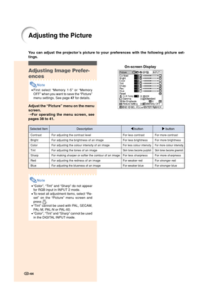 Page 46-44
You can adjust the projector’s picture to your preferences with the following picture set-
tings.
Adjusting the Picture
Adjusting Image Prefer-
ences
Note
•First select “Memory 1-5” or “Memory
OFF” when you want to save the “Picture”
menu settings. See page 47 for details.
Adjust the “Picture” menu on the menu
screen.
➝For operating the menu screen, see
pages 38 to 41.
Note
•“Color”, “Tint” and “Sharp” do not appear
for RGB input in INPUT 2 mode.
•To reset all adjustment items, select “Re-
set” on...