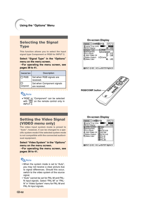 Page 54-52
Using the “Options” Menu
-52
Selecting the Signal
Type
This function allows you to select the input
signal type Component or RGB for INPUT 2.
Select “Signal Type” in the “Options”
menu on the menu screen.
➝For operating the menu screen, see
pages 38 to 41.
Note
•“RGB” or “Component” can be selected
with 
 on the remote control only in
INPUT 2.
Setting the Video Signal
(VIDEO menu only)
The video input system mode is preset to
“Auto”; however, it can be changed to a spe-
cific system mode if the...