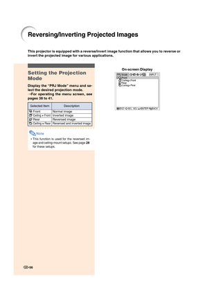 Page 58-56
This projector is equipped with a reverse/invert image function that allows you to reverse or
invert the projected image for various applications.
Setting the Projection
Mode
Display the “PRJ Mode” menu and se-
lect the desired projection mode.
➝For operating the menu screen, see
pages 38 to 41.
Note
•This function is used for the reversed im-
age and ceiling-mount setups. See page 28
for these setups.
On-screen Display
Normal image
Inverted image
Reversed image
Reversed and inverted image
 Front...