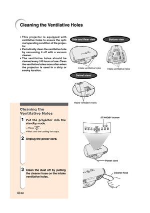 Page 64-62
Cleaning the Ventilative Holes
• This projector is equipped with
ventilative holes to ensure the opti-
mal operating condition of the projec-
tor.
• Periodically clean the ventilative hole
by vacuuming it off with a vacuum
cleaner.
• The ventilative holes should be
cleaned every 100 hours of use. Clean
the ventilative holes more often when
the projector is used in a dirty or
smoky location.
Cleaning the
Ventilative Holes
1Put the projector into the
standby mode.
•Press .
•Wait until the cooling fan...