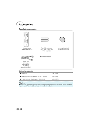 Page 11
10
Accessories
Remote control
RRMCGA444WJSA Two R-03 batteries
 (“AAA” size, UM/SUM-4, HP-16 or similar)
• Operation manual
Optional accessories
 Lamp unit
 DIN-D-sub RS-232C adaptor (5 
57/64o (15 cm))
 3 RCA to 15-pin D-sub cable (10 ' (3.0 m))
AN-100LP
AN-A1RS
AN-C3CP2
Supplied accessories
• Some of the optional accessories may not be available depending on the r\
egion. Please check with
your nearest Authorized SharpVision Service Center or Dealer.
Note
Lens cap (attached)CCAPHA024WJSA
Power...