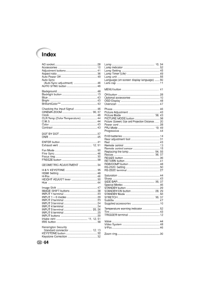 Page 6564
AC socket ....................................................... 28
Accessories................................................... 10
Adjustment buttons ........................................ 41
Aspect ratio .................................................... 36
Auto Power Off ............................................... 49
Auto Sync
(Auto Sync adjustment) .............................. 46
AUTO SYNC button ....................................... 46
Background...