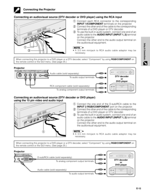 Page 12E-12
Setup & Connections
INPUT 2NENTAUDIO INPUTRGB /COMPONENT PR(INPUT 1, 2)
RS-232CINPUT 1 INPUT 2/COMPONENTAUDIO INPUTRGB /COMPONENT PRPBY(INPUT 1, 2)
Connecting the Projector
Connecting an audiovisual source (DTV decoder or DVD player) using the RCA input
1Connect each RCA connector to the corresponding
INPUT 1/COMPONENT terminals on the projector.
2Connect the other end of the cable to the corresponding
terminals of a DVD player or DTV decoder.
3To use the built-in audio system, connect one end of...