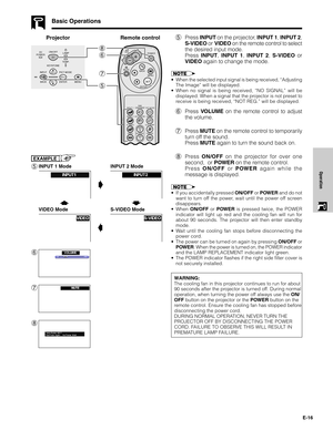 Page 16E-16
Operation
Basic Operations
Projector Remote control
EXAMPLE
f
5
dg
s
6
7
8
INPUT 1 Mode INPUT 2 Mode
VIDEO Mode S-VIDEO Mode
5Press INPUT on the projector, INPUT 1, INPUT 2,
S-VIDEO or  VIDEO on the remote control to select
the desired input mode.
Press INPUT, INPUT 1, INPUT 2, S-VIDEO or
VIDEO again to change the mode.
•When the selected input signal is being received, “Adjusting
The Image” will be displayed.
•When no signal is being received, “NO SIGNAL” will be
displayed. When a signal that the...