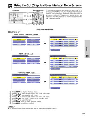 Page 20E-20
Operation
Using the GUI (Graphical User Interface) Menu Screens
(GUI) On-screen Display
INPUT 1 or 2 (COMPONENT) mode Projector Remote controlThis projector has three sets of menu screens (INPUT 1
or 2 (COMPONENT), INPUT 2 (RGB) and S-VIDEO or
VIDEO) that allow you to adjust the image and various
projector settings. These menu screens can be
operated from the projector or the remote control with
the following buttons.
s
S-VIDEO or VIDEO mode
1Press MENU to display the main menu.
2Press ∂/ƒ to select...