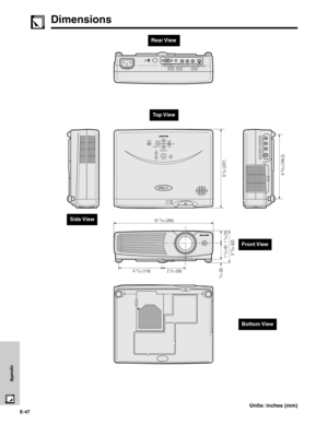 Page 47E-47
Appendix
RS-232CINPUT 1 INPUT 2/COMPONENTAUDIO INPUTRGB /COMPONENT CRCBY(INPUT 1, 2)100-240V
ON/OFF
POWERLAMP
TEMP.
KEYSTONE
INPUT
BACK ENTER MENUPICT MODE
VIDEO
INPUT S-VIDEO
INPUTAUDIO INPUT
(S-VIDEO, VIDEO INPUT)LR
FOCUS
ZOOM
6 43/64 (169.5) 3 
15/64 (82)8 
5/32 (207)
1 21/32 (42)
1 17/64 (32)
10 15/64 (260)
2 
9/32 (58) 4 21/32 (118)
5/16 (8)
Units: inches (mm)
Top View Rear View
Dimensions
Side View
Front View
Bottom View 