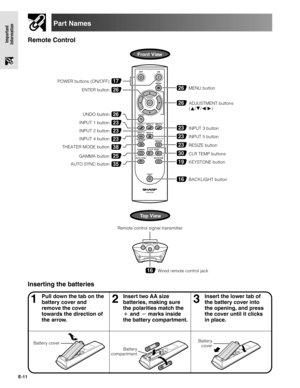 Page 11E-11
Important
Information
Part Names
Inserting the batteries
13Pull down the tab on the
battery cover and
remove the cover
towards the direction of
the arrow.2Insert two AA size
batteries, making sure
the polarities match the
 and  marks inside
the battery compartment.Insert the lower tab of
the battery cover into
the opening, and press
the cover until it clicks
in place.
Top View
Remote Control
BACKLIGHT button
17
23
38
25
35
26
2626
26
23
2323
23
23
30
19
16
POWER buttons (ON/OFF)
ENTER button
UNDO...