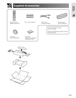 Page 12E-12
Important
InformationSupplied Accessories
Power cord
CACCU5013DE01 Remote control
RRMCG1657CESATwo AA size batteriesTerminal cover
CCOVA1985CE01
Projector operation manual
TINS-7416CEZZ
SharpVision Manager operation manual
TINS-7418CEZZ
Lens cap
PCAPH1056CESACD-ROM
(SharpVision Manager)
UDSKA0047CEN1 