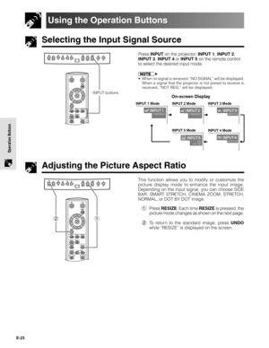 Page 23E-23
Operation Buttons
Selecting the Input Signal Source
Using the Operation Buttons
Press INPUT on the projector, INPUT 1, INPUT 2,
INPUT 3, INPUT 4 or INPUT 5 on the remote control
to select the desired input mode.
• When no signal is received, “NO SIGNAL” will be displayed.
When a signal that the projector is not preset to receive is
received, “NOT REG.” will be displayed.
On-screen Display
Adjusting the Picture Aspect Ratio
This function allows you to modify or customize the
picture display mode to...