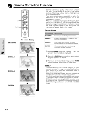 Page 25E-25
Operation Buttons
Gamma Correction Function
• Gamma is an image quality enhancement function
that offers a richer image by brightening the darker
portions of the image without altering the brightness
of the brighter portions.
• Four gamma settings are available to allow for
differences in the images displayed and in the
brightness of the room.
• When you are displaying images with frequent, dark
scenes, such as a film or concert, or when you are
displaying images in a bright room, this feature...