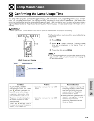 Page 46E-46
Maintenance &
Troubleshooting
Confirming the Lamp Usage Time
Lamp Maintenance
The lamp in this projector operates for approximately 2,000 cumulative hours, depending on the usage environ-
ment. (As the usage environment can vary significantly, the projector lamp may not operate for 2,000 hours.) It is
recommended that the lamp be replaced after approximately 1,900 cumulative hours of use or when you notice a
significant deterioration of the picture and color quality. The lamp usage time can be...
