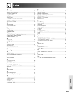 Page 60E-60
Appendix
Index
A
AC socket .......................................................................... 13
ADJUSTMENT buttons ...................................................... 26
Adjusting the Picture ......................................................... 29
Adjustment feet ................................................................. 18
Air filters ............................................................................ 49
Aspect ratio...