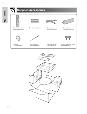 Page 12E-11
Important
Information
Supplied Accessories
Power cord
QACCDA007WJPZ Remote control
RRMCGA064WJSATwo AA size batteriesTerminal cover
GCOVAA116WJKA
Operation manual
TINS-A286WJZZ Lens cap
CCAPHA004WJ01
Lens cap strap
UBNDT0013CEZZScrews for terminal cover
XBBSN40P10000
XVZ90U(E)#p08_11.pm620/8/02, 7:19 pm 11 