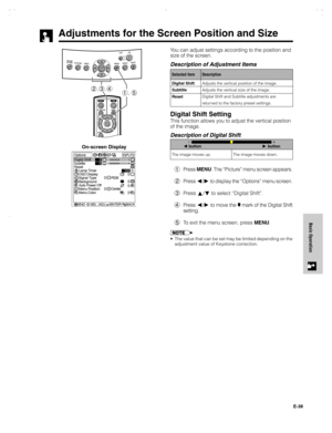 Page 39E-38
Basic Operation
Adjustments for the Screen Position and Size
On-screen DisplayYou can adjust settings according to the position and
size of the screen.
Description of Adjustment Items
Digital Shift Setting
This function allows you to adjust the vertical position
of the image.
Description of Digital Shift
1Press MENU. The “Picture” menu screen appears.
2Press 
/ to display the “Options” menu screen.
3Press 
/ to select “Digital Shift”.
4Press 
/ to move the  mark of the Digital Shift
setting.
5To...