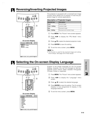 Page 43E-42
Basic Operation
Reversing/Inverting Projected Images
This projector is equipped with a reverse/invert image
function which allows you to reverse or invert the pro-
jected image for various applications.
Description of Projected Images
1Press MENU. The “Picture” menu screen appears.
2Press 
/ to display the “PRJ Mode” menu
screen.
3Press 
/ to select the desired projection mode.
4Press ENTER to save the setting.
5To exit the menu screen, press MENU.
•This function is used for the reversed image and...