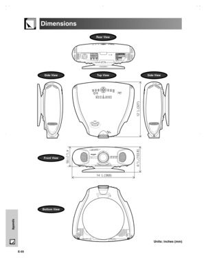 Page 56E-55
Appendix
12 
7/8 (327)
6 9/16 (153.8)
4 5/8 (118)
14 1/2 (368)
Dimensions
Units: inches (mm)
Front View
Bottom View
Side ViewTop ViewSide View
Rear View
XVZ90U(E)#p51_60.p6502.8.20, 8:00 PM 55 