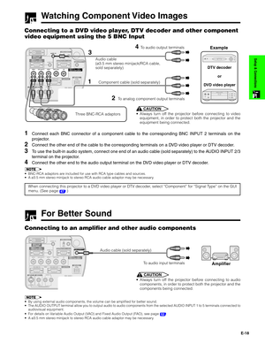 Page 19E-18
Setup & Connections
Watching Component Video Images
Connecting to a DVD video player, DTV decoder and other component
video equipment using the 5 BNC Input
4 To audio output terminals
13
Three BNC-RCA adaptorsDTV decoder
or
DVD video player
Example
Audio cable
(ø3.5 mm stereo minijack/RCA cable,
sold separately)
2To analog component output terminals Component cable (sold separately)
CAUTION
•Always turn off the projector before connecting to video
equipment, in order to protect both the projector...