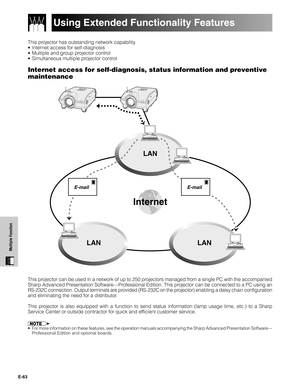 Page 64E-63
Multiple Function
Using Extended Functionality Features
This projector has outstanding network capability.
•Internet access for self-diagnosis
•Multiple and group projector control
•Simultaneous multiple projector control
Internet access for self-diagnosis, status information and preventive
maintenance
This projector can be used in a network of up to 250 projectors managed from a single PC with the accompanied
Sharp Advanced Presentation Software—Professional Edition. This projector can be connected...