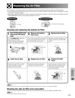 Page 71E-70
Maintenance &
Troubleshooting
•This projector is equipped with two air filters to ensure the optimal operating condition of the projector.
•The air filters should be cleaned every 100 hours of use. Clean the filters more often when the projector is used
in a dusty or smoky location.
•Have your nearest Authorized Sharp Industrial LCD Products Dealer or Service Center exchange the filter
(PFILD0080CEZZ) when it is no longer possible to clean it.
Replacing the Air Filter
46Clean the air filter.5Replace...