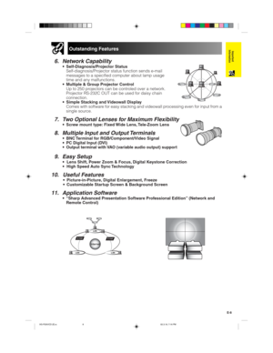 Page 11E-8
Important
Information
6. Network Capability
•Self-Diagnosis/Projector Status
Self-diagnosis/Projector status function sends e-mail
messages to a specified computer about lamp usage
time and any malfunctions.
•Multiple & Group Projector Control
Up to 250 projectors can be controled over a network.
Projector RS-232C OUT can be used for daisy chain
connection.
•Simple Stacking and Videowall Display
Comes with software for easy stacking and videowall processing even for input from a
single source.
7. Two...