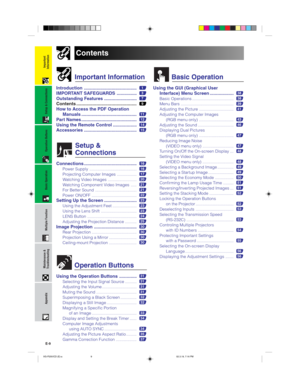 Page 12E-9
Important
Information
Important Information
Introduction ..........................................1
IMPORTANT SAFEGUARDS ................3
Outstanding Features ..........................7
Contents ................................................9
How to Access the PDF Operation
Manuals ............................................11
Part Names ............................................12
Using the Remote Control ...................14
Accessories ..........................................15
Setup &...