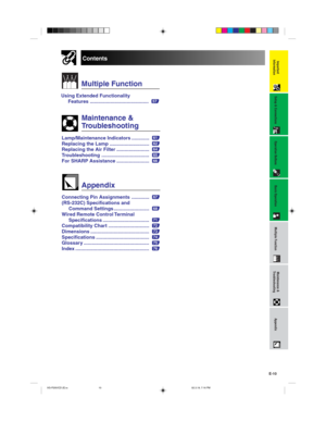 Page 13E-10
Important
InformationContents
Using Extended Functionality
Features ...........................................57
Multiple Function
Maintenance &
Troubleshooting
Lamp/Maintenance Indicators .............61
Replacing the Lamp .............................62
Replacing the Air Filter ........................64
Troubleshooting ...................................65
For SHARP Assistance ........................66
Appendix
Connecting Pin Assignments .............67
(RS-232C) Specifications and
Command...