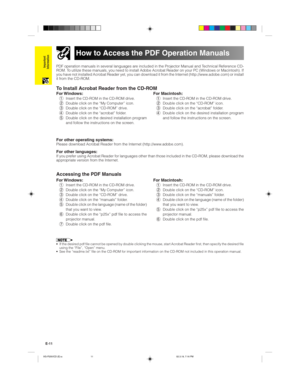 Page 14E-11
Important
InformationPDF operation manuals in several languages are included in the Projector Manual and Technical Reference CD-
ROM. To utilize these manuals, you need to install Adobe Acrobat Reader on your PC (Windows or Macintosh). If
you have not installed Acrobat Reader yet, you can download it from the Internet (http://www.adobe.com) or install
it from the CD-ROM.
To Install Acrobat Reader from the CD-ROM
How to Access the PDF Operation Manuals
For Windows:1Insert the CD-ROM in the CD-ROM...