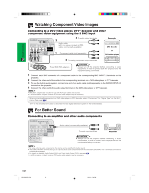 Page 24E-21
Setup & Connections
Watching Component Video Images
Connecting to a DVD video player, DTV* decoder and other
component video equipment using the 5 BNC Input
4 To audio output terminals
13
Three BNC-RCA adaptorsDTV decoder
or
DVD video player
Example
Audio cable
(ø3.5 mm stereo minijack to RCA
cable, commercially available)
2To analog component output terminals Component cable (sold separately)
CAUTION• Always turn off the projector before connecting to video
equipment, in order to protect both the...
