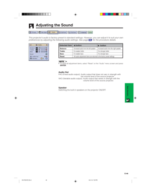 Page 49E-46
Basic Operation
Adjusting the Sound
This projector’s audio is factory preset to standard settings. However, you can adjust it to suit your own
preferences by adjusting the following audio settings. See page 38 for the procedure details.
ß buttonSelected item
Increased audio from the right speaker
For stronger treble
For stronger bass
© button
Increased audio from the left speaker
For weaker treble
For weaker bassBalance
Treble
Bass
Reset
All audio adjustment items are returned to the factory preset...